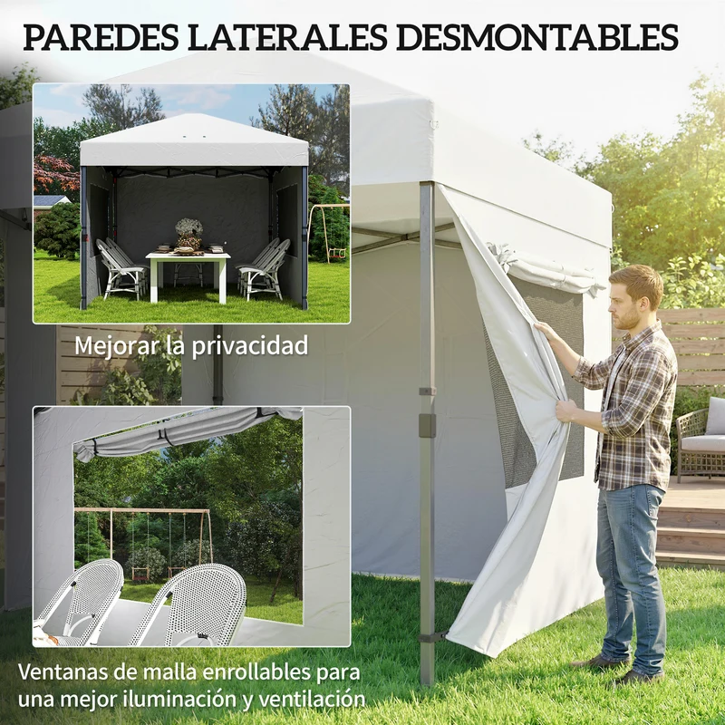 Outsunny Carpa Plegable 3x3 m, Pop-up, Cenador Pabellón de Jardín con 3 Paredes Laterales, 2 Ventanas Malla, UPF50+, Altura Ajustable 3 Niveles, Bolsa Transporte, Sacos Arena, Gazebo Exterior, Blanco