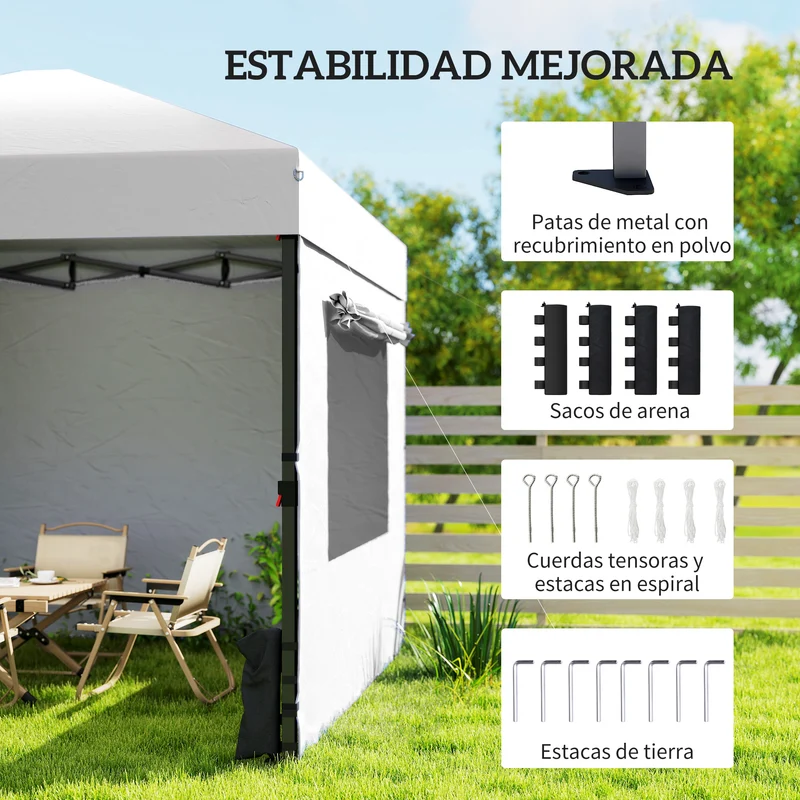 Outsunny Carpa Plegable 3x3 m, Pop-up, Cenador Pabellón de Jardín con 3 Paredes Laterales, 2 Ventanas Malla, UPF50+, Altura Ajustable 3 Niveles, Bolsa Transporte, Sacos Arena, Gazebo Exterior, Blanco