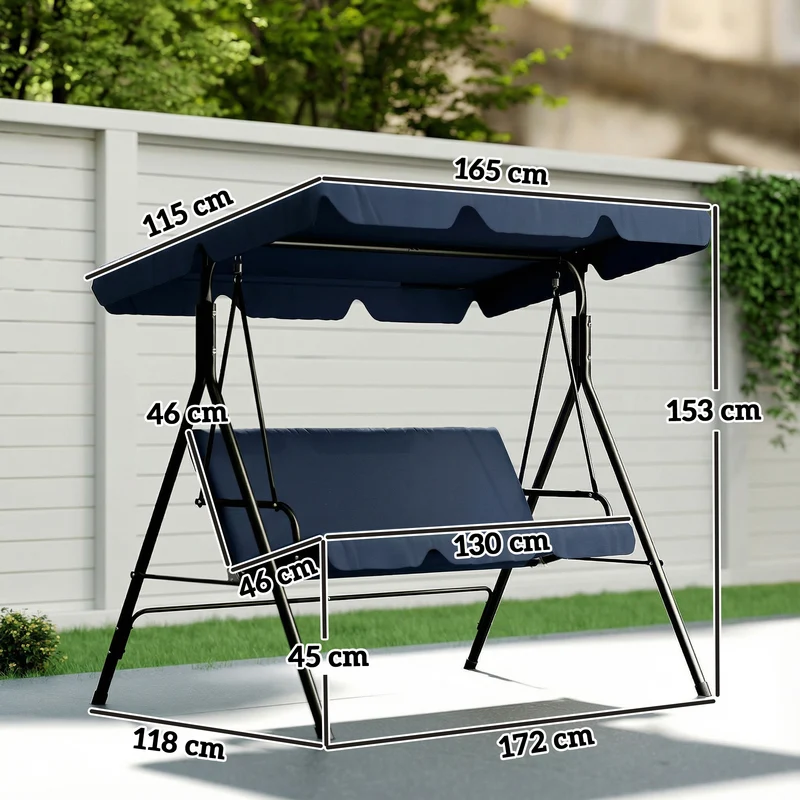 Outsunny Columpio de Jardín Exterior de 3 Plazas, Balancín de Jardín Exterior con Techo Ajustable, Cojín y Marco de Acero, para Balcón, Terraza, Patio, Carga 240 kg, 172x118x153 cm, Azul Marino