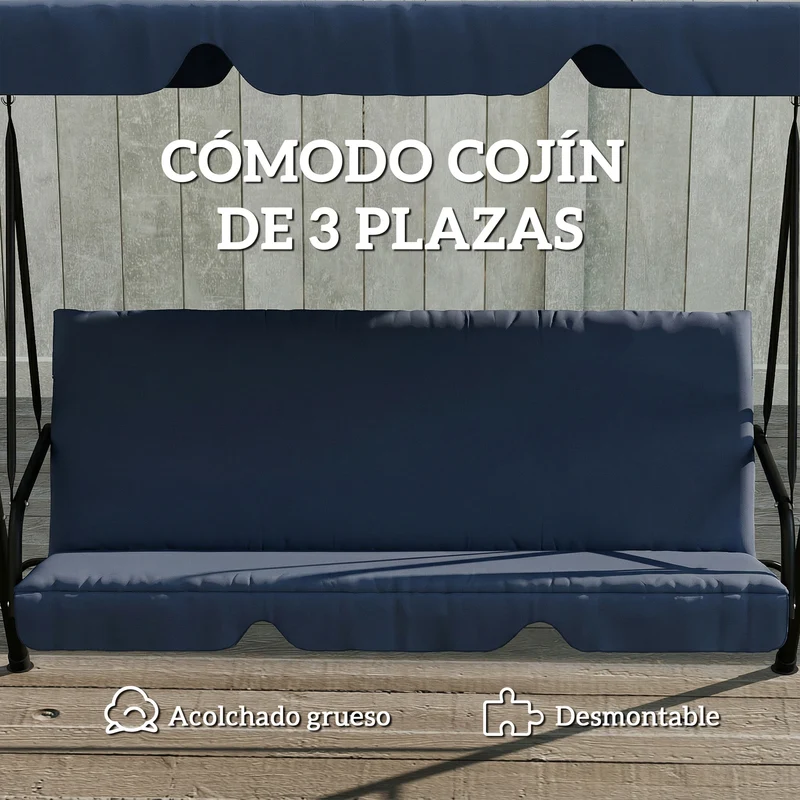 Outsunny Columpio de Jardín Exterior de 3 Plazas, Balancín de Jardín Exterior con Techo Ajustable, Cojín y Marco de Acero, para Balcón, Terraza, Patio, Carga 240 kg, 172x118x153 cm, Azul Marino