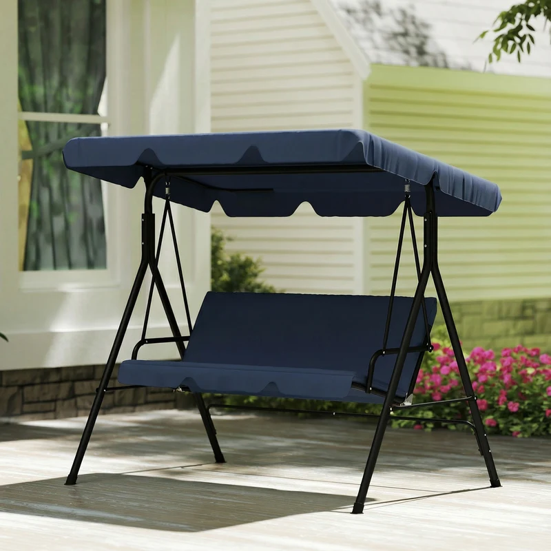 Outsunny Columpio de Jardín Exterior de 3 Plazas, Balancín de Jardín Exterior con Techo Ajustable, Cojín y Marco de Acero, para Balcón, Terraza, Patio, Carga 240 kg, 172x118x153 cm, Azul Marino