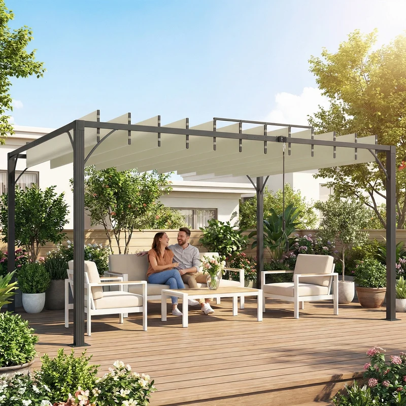 Outsunny Pérgola de Jardín 3x4 m, Cenador de Jardín con Techo de Lamas Orientables a 135°, Estructura de Aluminio, Protección UPF30+, Pabellón para Exterior, Patio, Terraza, Blanco Crema