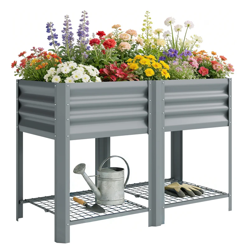 Outsunny Huerto Urbano Elevado con Estante Inferior, Mesa de Cultivo de Metal Galvanizado con Forro y Guantes, para Cultivo, Plantas y Flores, 120x55x80 cm, Gris Plateado