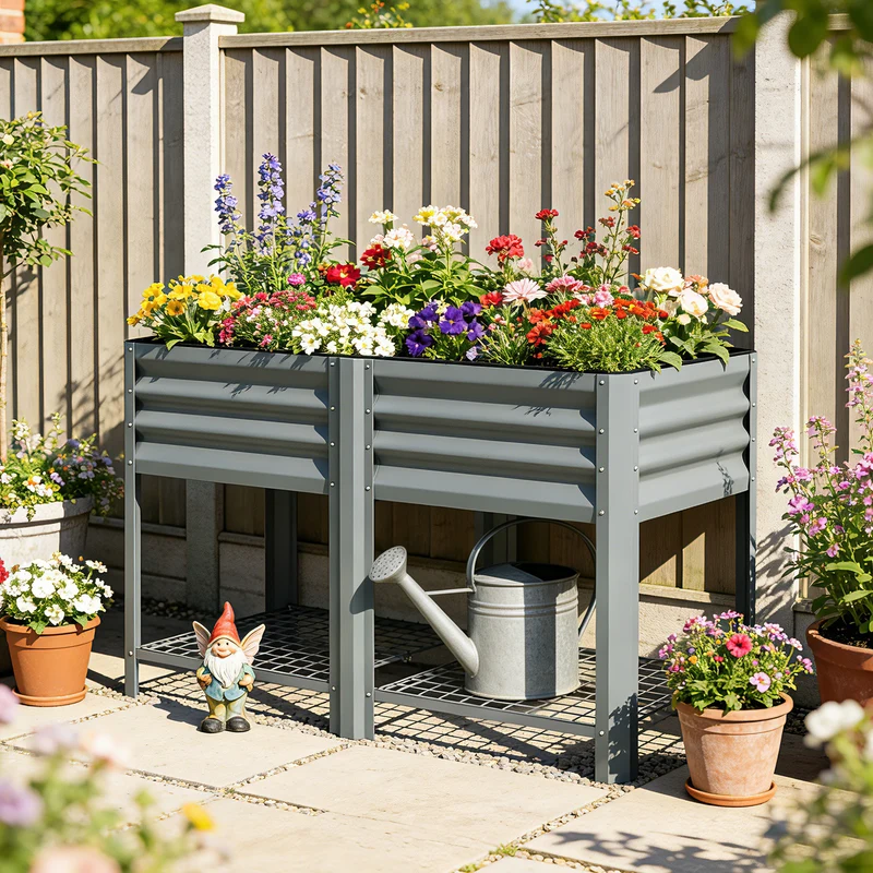 Outsunny Huerto Urbano Elevado con Estante Inferior, Mesa de Cultivo de Metal Galvanizado con Forro y Guantes, para Cultivo, Plantas y Flores, 120x55x80 cm, Gris Plateado