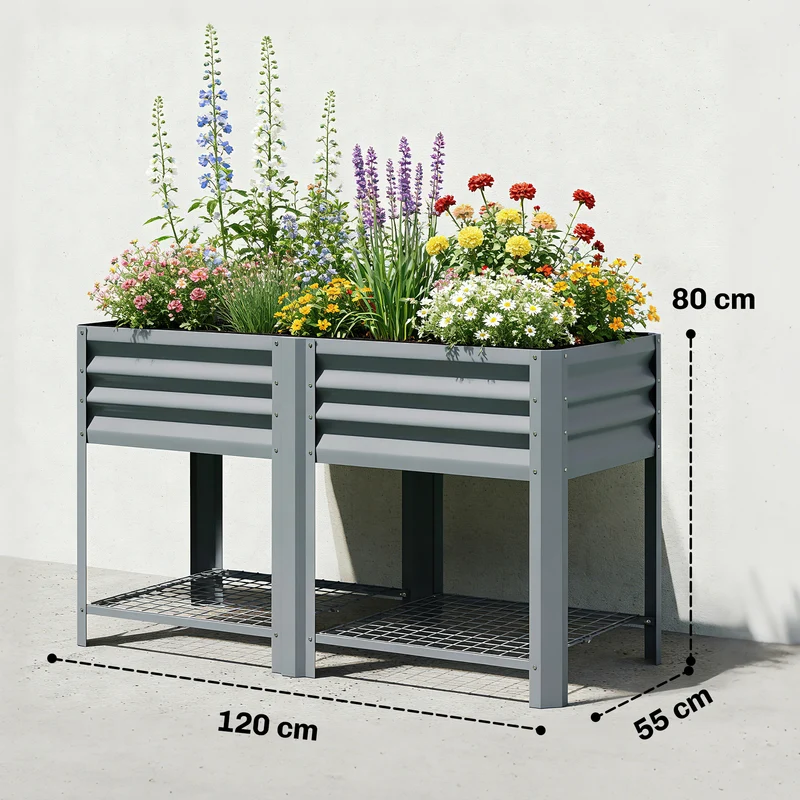Outsunny Huerto Urbano Elevado con Estante Inferior, Mesa de Cultivo de Metal Galvanizado con Forro y Guantes, para Cultivo, Plantas y Flores, 120x55x80 cm, Gris Plateado
