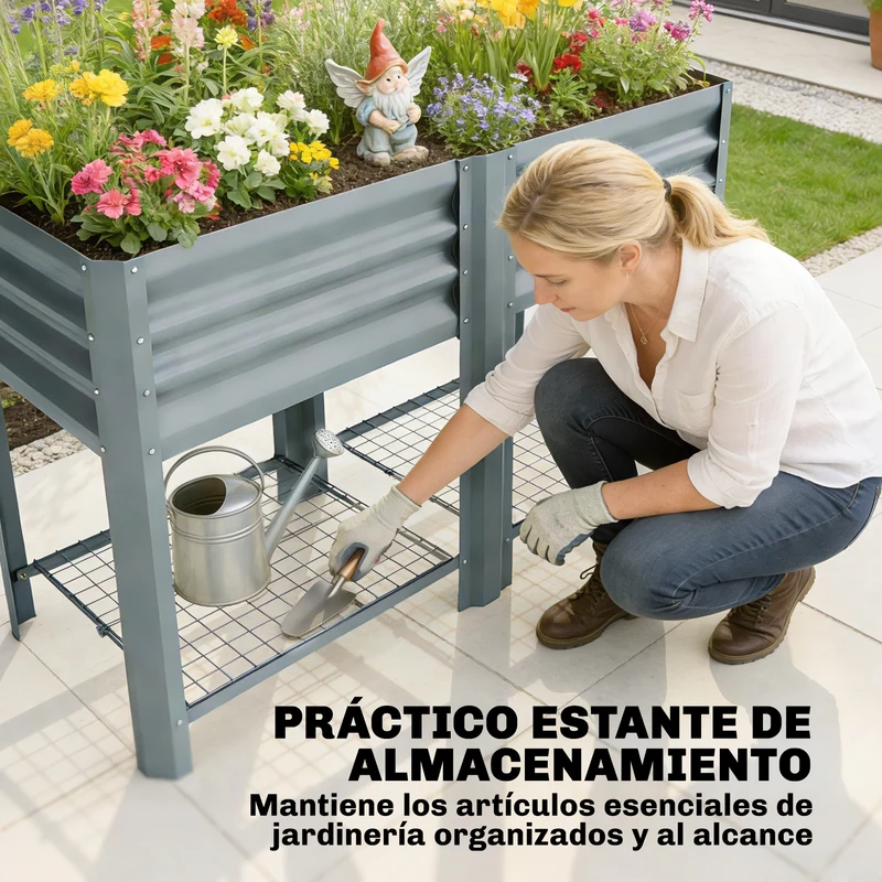 Outsunny Huerto Urbano Elevado con Estante Inferior, Mesa de Cultivo de Metal Galvanizado con Forro y Guantes, para Cultivo, Plantas y Flores, 120x55x80 cm, Gris Plateado