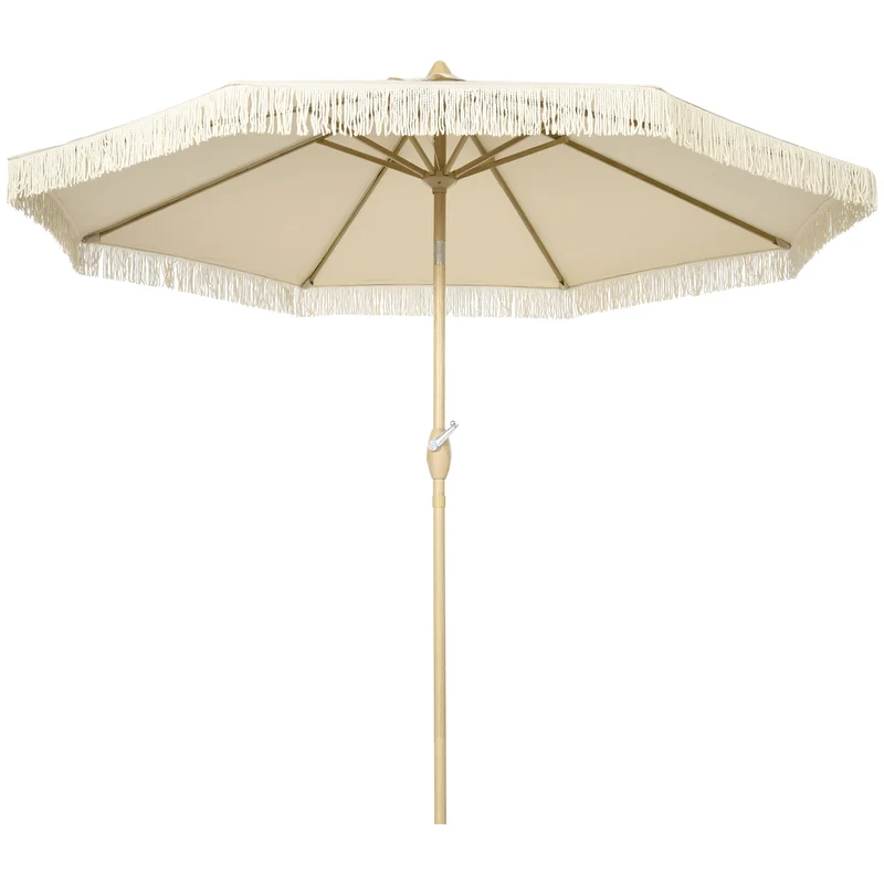 Outsunny Sombrilla Terraza Exterior, Ø265x244 cm, Sombrilla de Jardín con Ángulo Ajustable, Manivela, Flecos de Estilo Boho, Impermeable, Parasol para Patio, Terraza, Crema