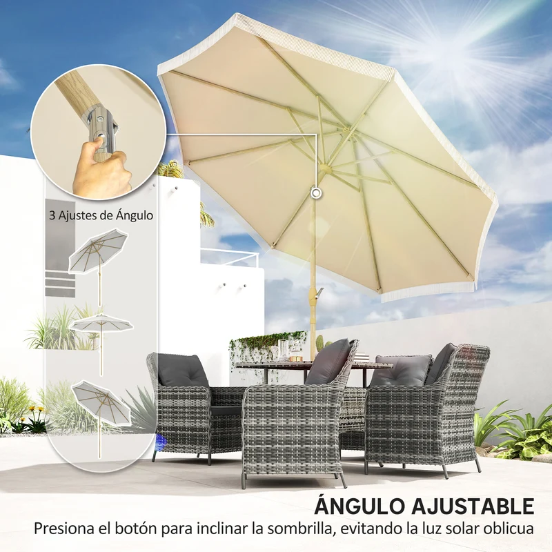 Outsunny Sombrilla Terraza Exterior, Ø265x244 cm, Sombrilla de Jardín con Ángulo Ajustable, Manivela, Flecos de Estilo Boho, Impermeable, Parasol para Patio, Terraza, Crema