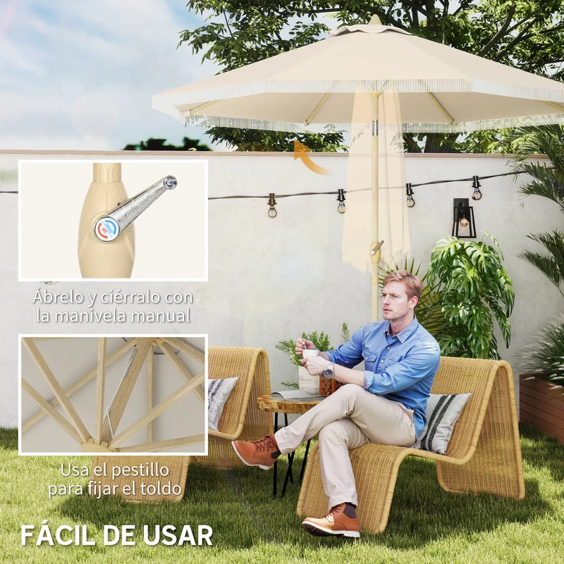 Outsunny Sombrilla Terraza Exterior, Ø265x244 cm, Sombrilla de Jardín con Ángulo Ajustable, Manivela, Flecos de Estilo Boho, Impermeable, Parasol para Patio, Terraza, Crema