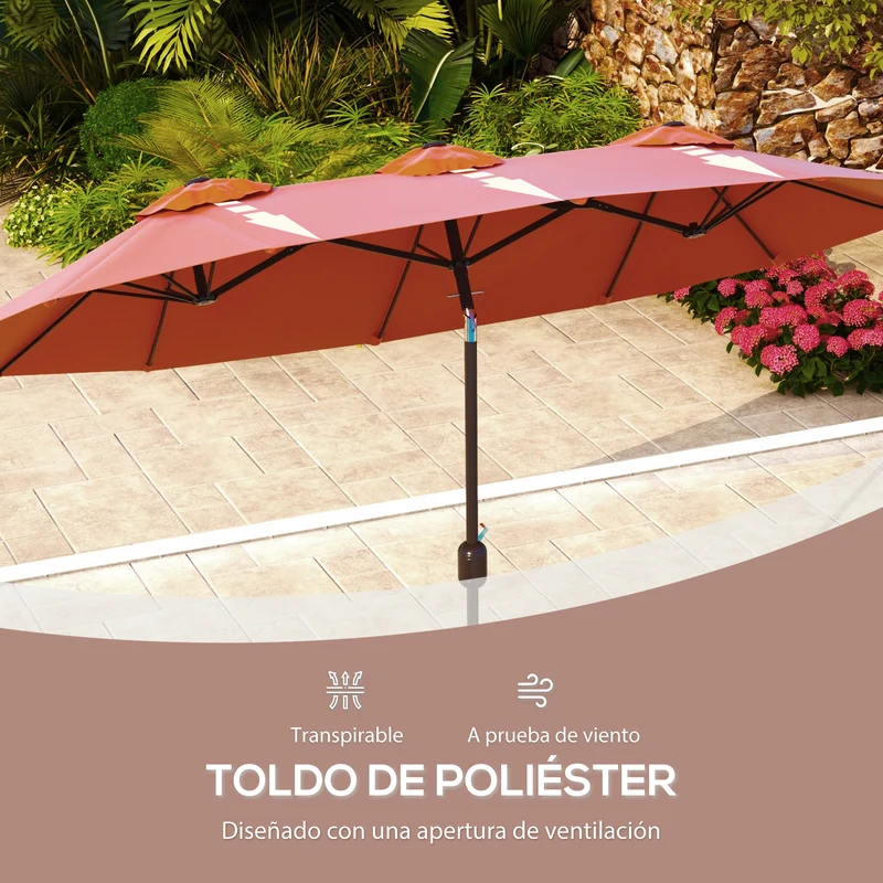 Outsunny Sombrilla Doble 2,95x1,52 m, Sombrilla Terraza Exterior con Inclinación 45°, Manivela Manual, Orificios de Ventilación, Impermeable, Parasol para Jardín, Terraza, Patio y Piscina, Rojo Vino