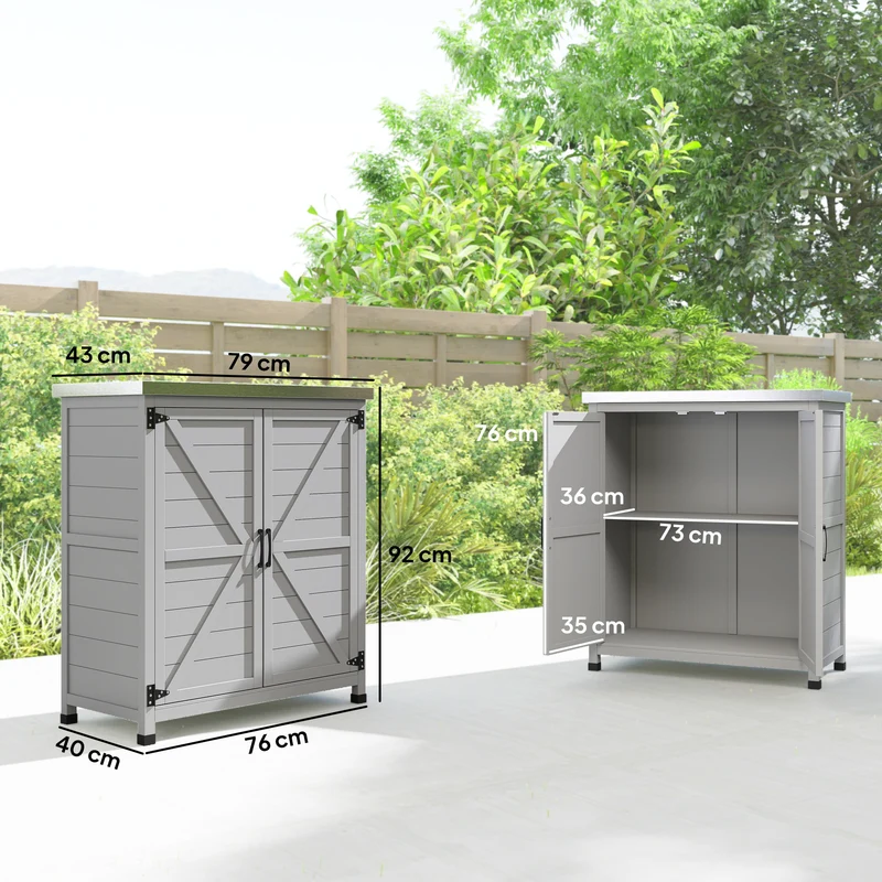 Outsunny Armario de Exterior de Madera, Caseta de Jardín Exterior con Techo de Acero Galvanizado, Estante, 2 Puertas, Cobertizo de Jardín para Almacenamiento de Herramientas, 79x43x92 cm, Gris