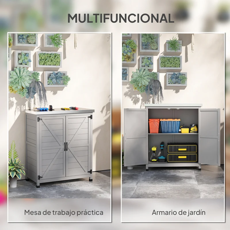 Outsunny Armario de Exterior de Madera, Caseta de Jardín Exterior con Techo de Acero Galvanizado, Estante, 2 Puertas, Cobertizo de Jardín para Almacenamiento de Herramientas, 79x43x92 cm, Gris
