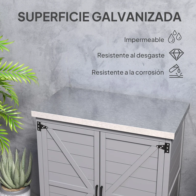 Outsunny Armario de Exterior de Madera, Caseta de Jardín Exterior con Techo de Acero Galvanizado, Estante, 2 Puertas, Cobertizo de Jardín para Almacenamiento de Herramientas, 79x43x92 cm, Gris
