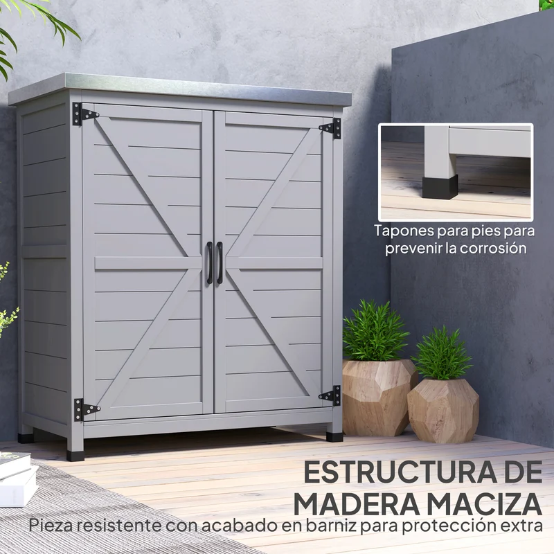 Outsunny Armario de Exterior de Madera, Caseta de Jardín Exterior con Techo de Acero Galvanizado, Estante, 2 Puertas, Cobertizo de Jardín para Almacenamiento de Herramientas, 79x43x92 cm, Gris