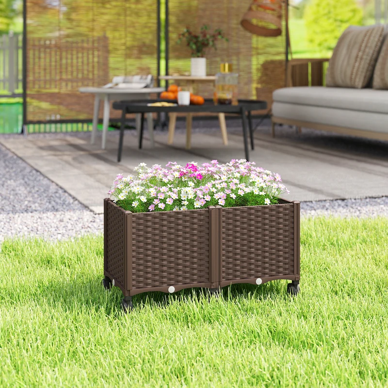 Outsunny Jardinera Elevada con 6 Ruedas, Jardinera Exterior Móvil de Plástico con Riego Automático y Drenaje, Macetero Exterior para Cultivos, Plantas, Jardín, Terraza, 80x40x43 cm, Marrón