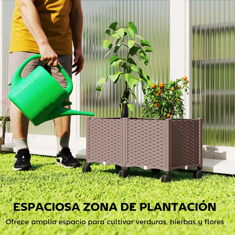 Outsunny Jardinera Elevada con 6 Ruedas, Jardinera Exterior Móvil de Plástico con Riego Automático y Drenaje, Macetero Exterior para Cultivos, Plantas, Jardín, Terraza, 80x40x43 cm, Marrón