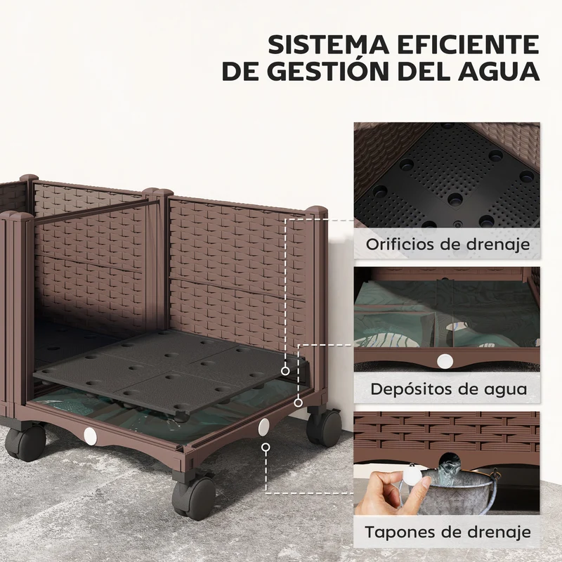 Outsunny Jardinera Elevada con 6 Ruedas, Jardinera Exterior Móvil de Plástico con Riego Automático y Drenaje, Macetero Exterior para Cultivos, Plantas, Jardín, Terraza, 80x40x43 cm, Marrón