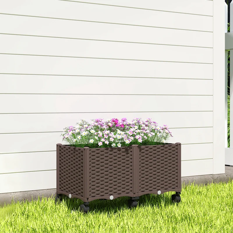 Outsunny Jardinera Elevada con 6 Ruedas, Jardinera Exterior Móvil de Plástico con Riego Automático y Drenaje, Macetero Exterior para Cultivos, Plantas, Jardín, Terraza, 80x40x43 cm, Marrón