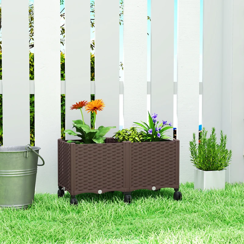 Outsunny Jardinera Elevada con 6 Ruedas, Jardinera Exterior Móvil de Plástico con Riego Automático y Drenaje, Macetero Exterior para Cultivos, Plantas, Jardín, Terraza, 80x40x43 cm, Marrón
