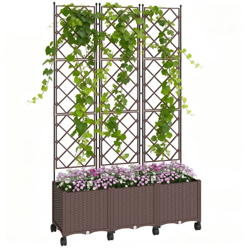 Outsunny Jardinera con Enrejado, Jardinera Exterior Grande con Ruedas para Plantas Trepadoras, con Ofricios de Drenaje y Tapones, Macetero Elevado para Jardín, Patio, Terraza, 120x40x192 cm, Marrón