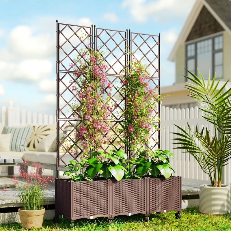 Outsunny Jardinera con Enrejado, Jardinera Exterior Grande con Ruedas para Plantas Trepadoras, con Ofricios de Drenaje y Tapones, Macetero Elevado para Jardín, Patio, Terraza, 120x40x192 cm, Marrón