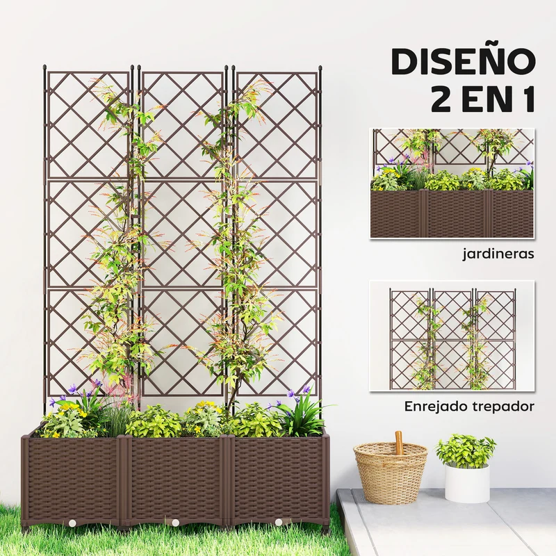 Outsunny Jardinera con Enrejado, Jardinera Exterior Grande con Ruedas para Plantas Trepadoras, con Ofricios de Drenaje y Tapones, Macetero Elevado para Jardín, Patio, Terraza, 120x40x192 cm, Marrón