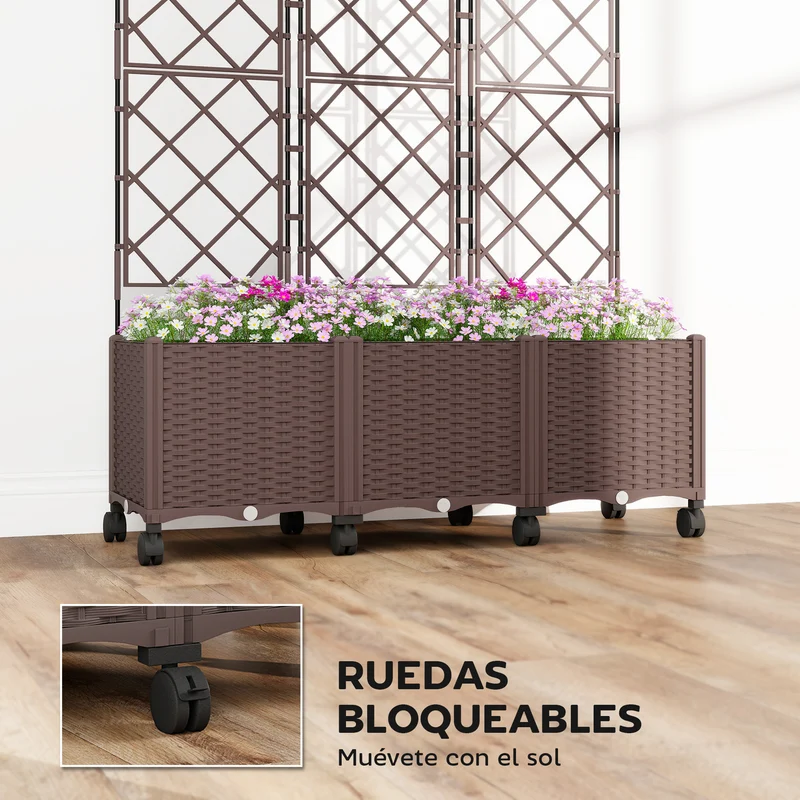 Outsunny Jardinera con Enrejado, Jardinera Exterior Grande con Ruedas para Plantas Trepadoras, con Ofricios de Drenaje y Tapones, Macetero Elevado para Jardín, Patio, Terraza, 120x40x192 cm, Marrón