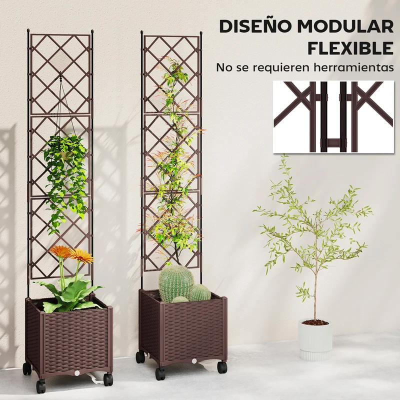 Outsunny Jardinera con Enrejado, Jardinera Exterior Grande con Ruedas para Plantas Trepadoras, con Ofricios de Drenaje y Tapones, Macetero Elevado para Jardín, Patio, Terraza, 120x40x192 cm, Marrón