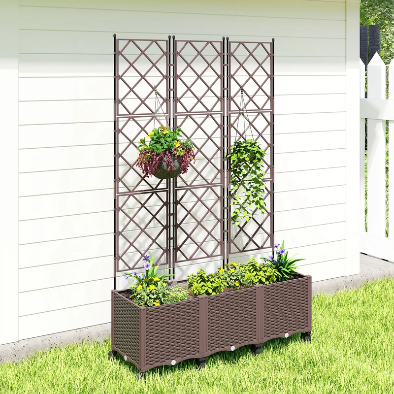 Outsunny Jardinera con Enrejado, Jardinera Exterior Grande con Ruedas para Plantas Trepadoras, con Ofricios de Drenaje y Tapones, Macetero Elevado para Jardín, Patio, Terraza, 120x40x192 cm, Marrón