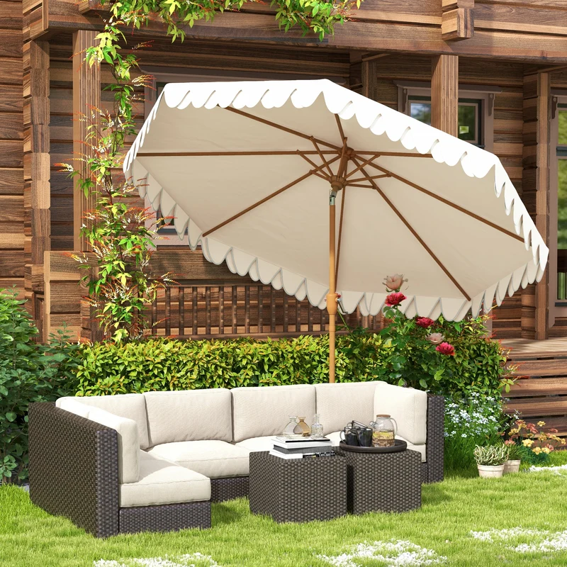 Outsunny Sombrilla Terraza Exterior, Ø264x240 cm, Sombrilla de Jardín con Ángulo Ajustable, Manivela y Volantes, Impermeable, Parasol para Playa, Patio, Balcón, Crema