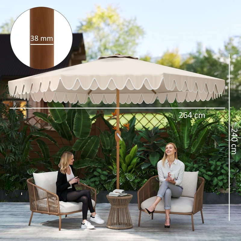 Outsunny Sombrilla Terraza Exterior, Ø264x240 cm, Sombrilla de Jardín con Ángulo Ajustable, Manivela y Volantes, Impermeable, Parasol para Playa, Patio, Balcón, Crema