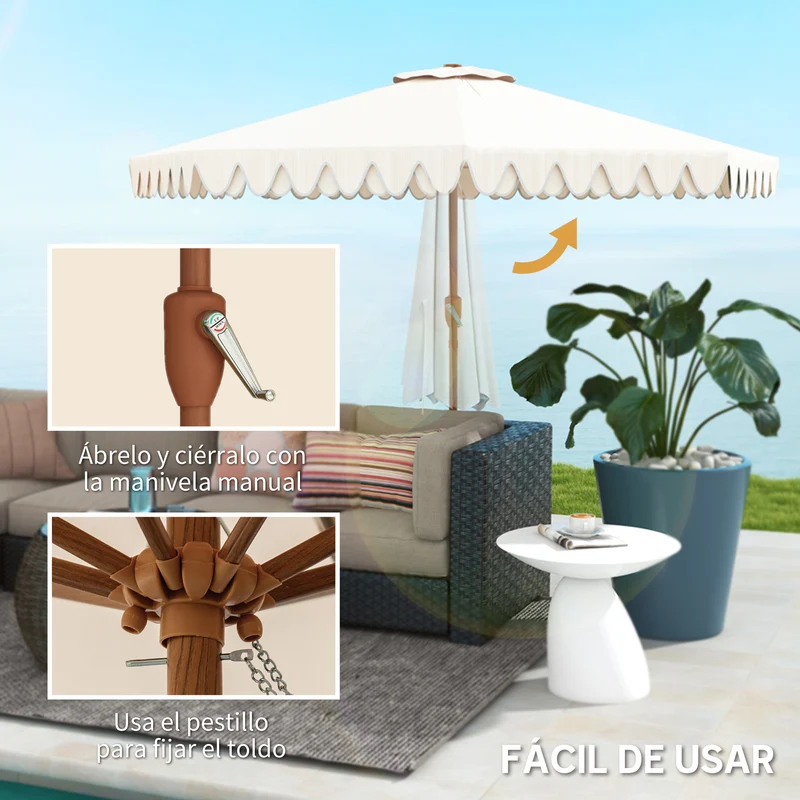 Outsunny Sombrilla Terraza Exterior, Ø264x240 cm, Sombrilla de Jardín con Ángulo Ajustable, Manivela y Volantes, Impermeable, Parasol para Playa, Patio, Balcón, Crema