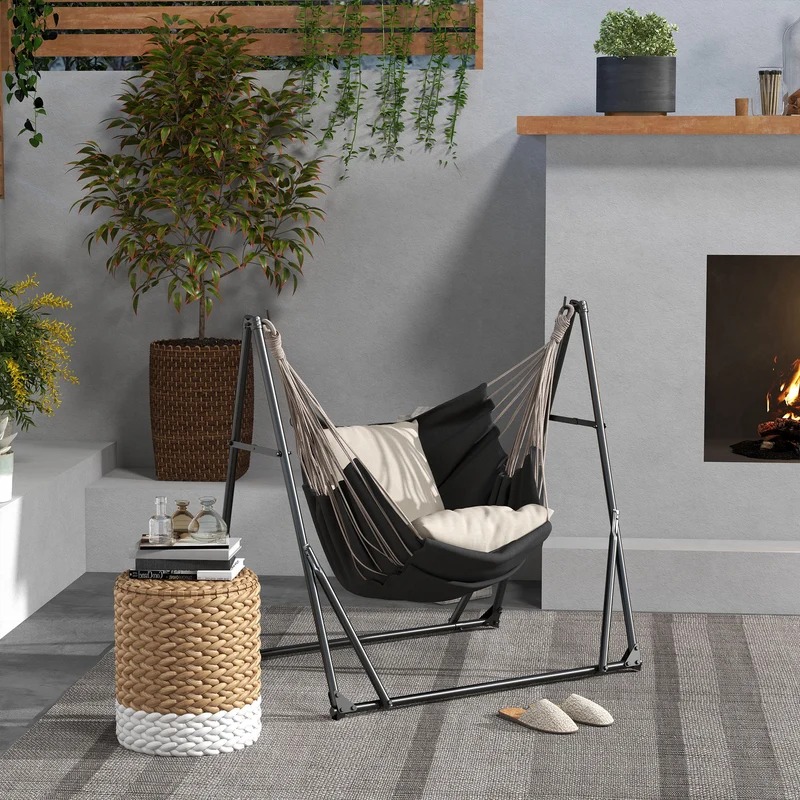 Outsunny Soporte para Hamaca Plegable Portátil, 2 en 1, Soporte para Silla Colgante con Estructura de Metal y Bolsa de Transporte, Carga 120 kg, para Hamaca 2,5 m y Silla 1,5 m de Largo, Negro