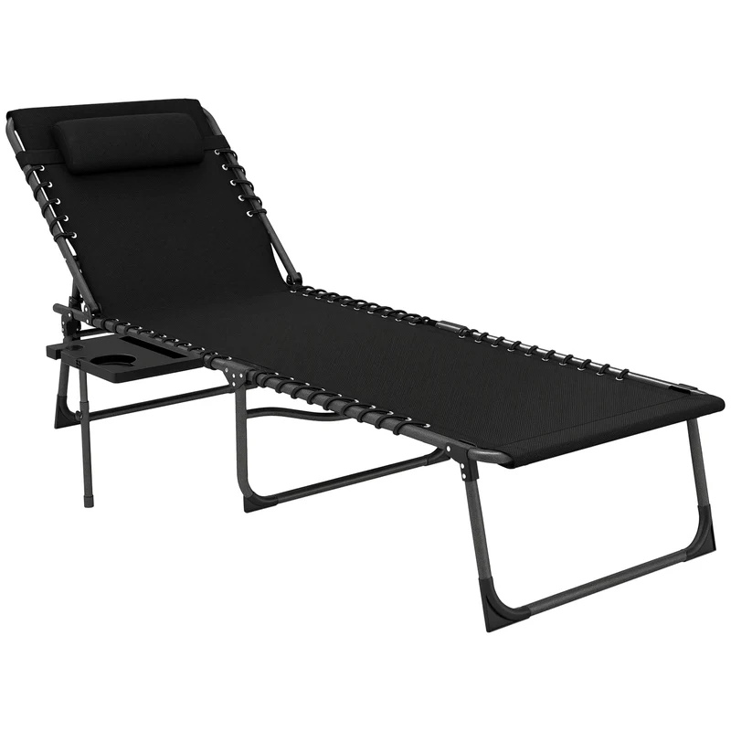 Outsunny Tumbona Plegable, Tumbona Jardín Exterior con Respaldo Ajustable, Reposacabezas, Bolsillo Lateral, Bandeja y Estructura de Acero, Carga 120 kg para Terraza Piscina Playa, 190x60x31 cm, Negro