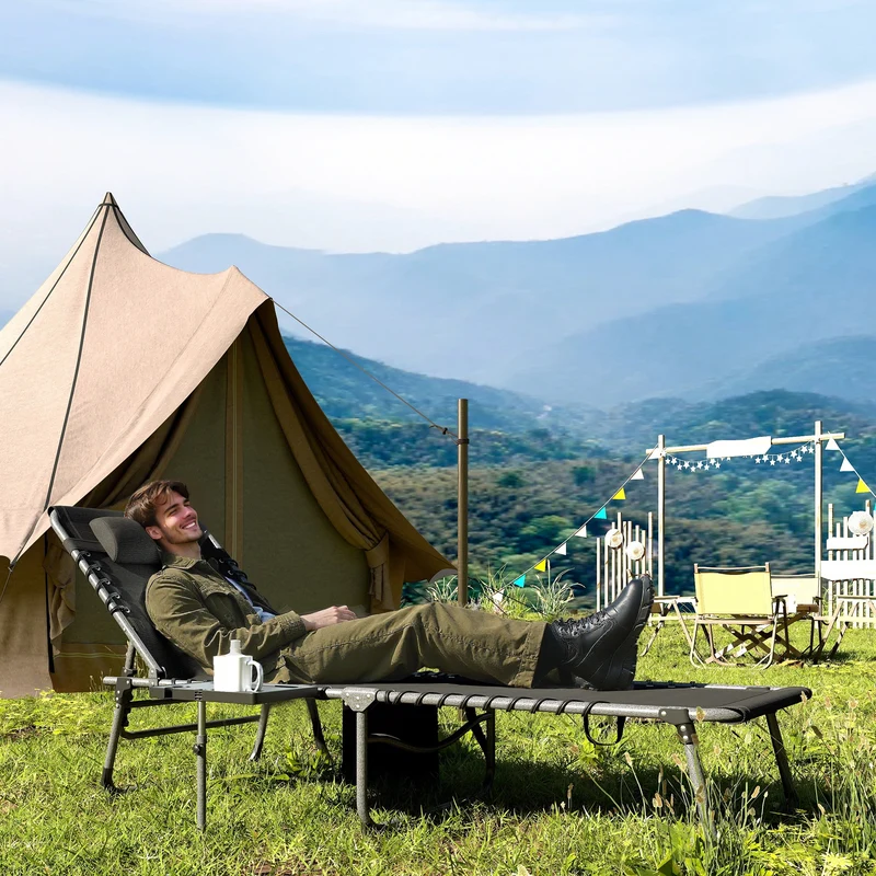 Outsunny Tumbona Plegable, Tumbona Jardín Exterior con Respaldo Ajustable, Reposacabezas, Bolsillo Lateral, Bandeja y Estructura de Acero, Carga 120 kg para Terraza Piscina Playa, 190x60x31 cm, Negro