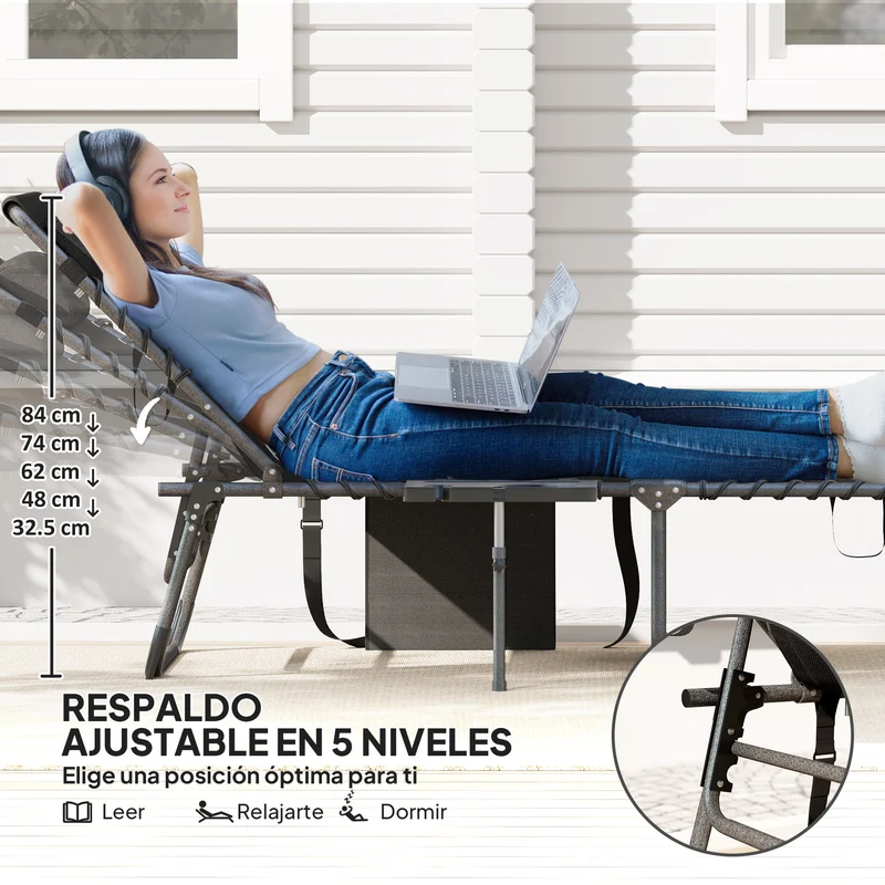 Outsunny Tumbona Plegable, Tumbona Jardín Exterior con Respaldo Ajustable, Reposacabezas, Bolsillo Lateral, Bandeja y Estructura de Acero, Carga 120 kg para Terraza Piscina Playa, 190x60x31 cm, Negro