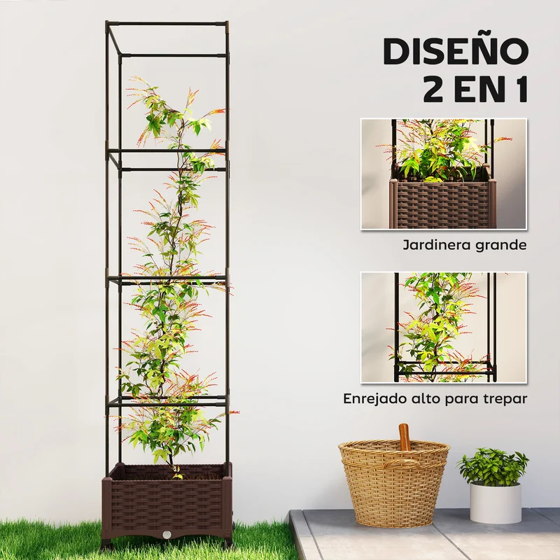 Outsunny Jardinera con Enrejado Ajustable, Jardinera Exterior con Ruedas Bloqueables para Plantas Trepadoras con Ofricios de Drenaje, Macetero Elevado para Jardín, Patio, Terraza, 40x40x165 cm, Marrón