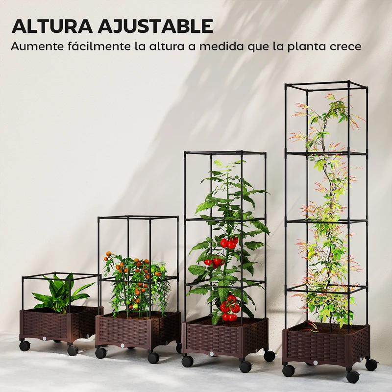 Outsunny Jardinera con Enrejado Ajustable, Jardinera Exterior con Ruedas Bloqueables para Plantas Trepadoras con Ofricios de Drenaje, Macetero Elevado para Jardín, Patio, Terraza, 40x40x165 cm, Marrón
