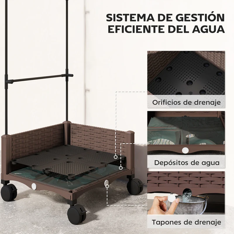 Outsunny Jardinera con Enrejado Ajustable, Jardinera Exterior con Ruedas Bloqueables para Plantas Trepadoras con Ofricios de Drenaje, Macetero Elevado para Jardín, Patio, Terraza, 40x40x165 cm, Marrón