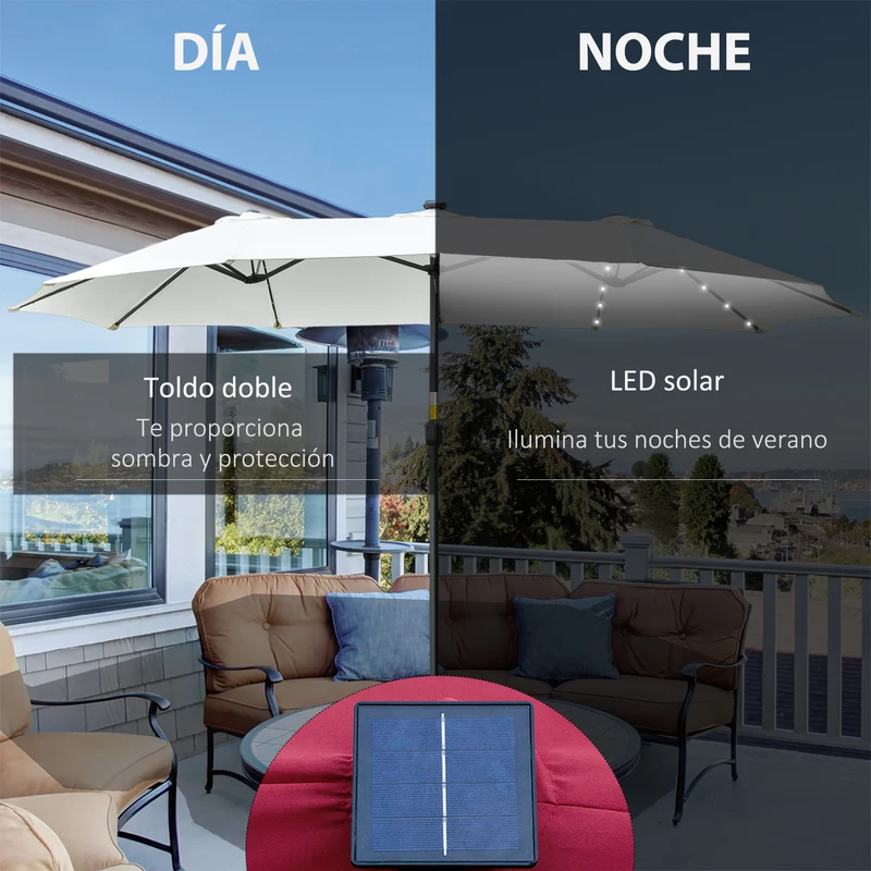Outsunny Sombrilla Doble con 48 Luces LED, 4,5x2,65 m, Sombrilla Terraza Exterior con Manivela Manual, Resistente al Agua y Protección Solar, Parasol para Jardín, Terraza, Patio y Piscina, Crema