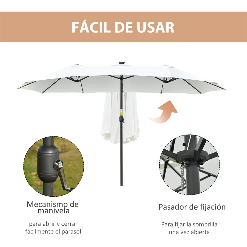 Outsunny Sombrilla Doble con 48 Luces LED, 4,5x2,65 m, Sombrilla Terraza Exterior con Manivela Manual, Resistente al Agua y Protección Solar, Parasol para Jardín, Terraza, Patio y Piscina, Crema