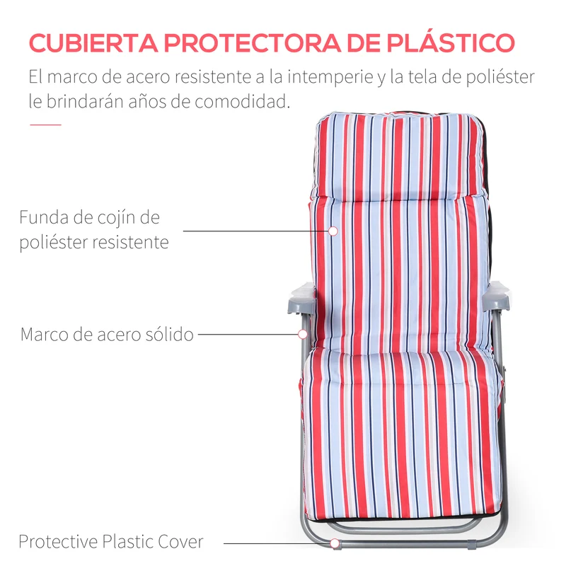Outsunny Pack de 2 Tumbonas Plegables Tumbonas de Jardín Exterior con Cojín Acolchado, Respaldo Ajustable en 5 Posiciones, Reposapiés y Marco de Acero, 60x75x65-102 cm, Rayas Rojo