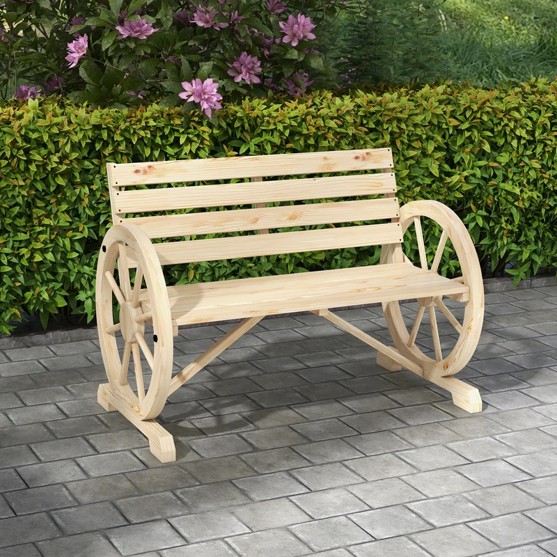Outsunny Banco de Jardín de Madera, Banco de Exterior con Reposabrazos en Forma de Rueda, Estilo Rústico, Carga 240 kg, de 2 Plazas, para Patio, Terraza, 105,5x56x79 cm, Madera Natural