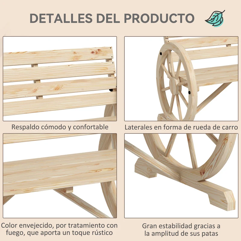 Outsunny Banco de Jardín de Madera, Banco de Exterior con Reposabrazos en Forma de Rueda, Estilo Rústico, Carga 240 kg, de 2 Plazas, para Patio, Terraza, 105,5x56x79 cm, Madera Natural