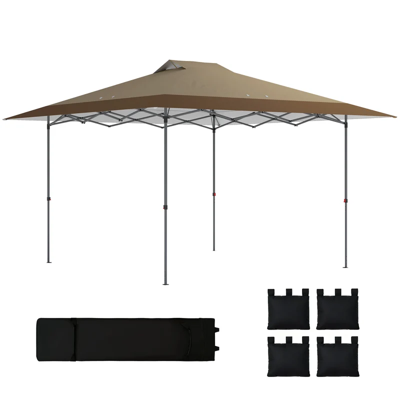 Outsunny Carpa Plegable Pop-up Gazebo 4x4 m, Cenador Plegable con Bloqueo Central, UPF50+, Altura Ajustable, 4 Bolsas de Arena y Bolsa de Transporte con Ruedas, para Camping, Fiestas, Beige y Café