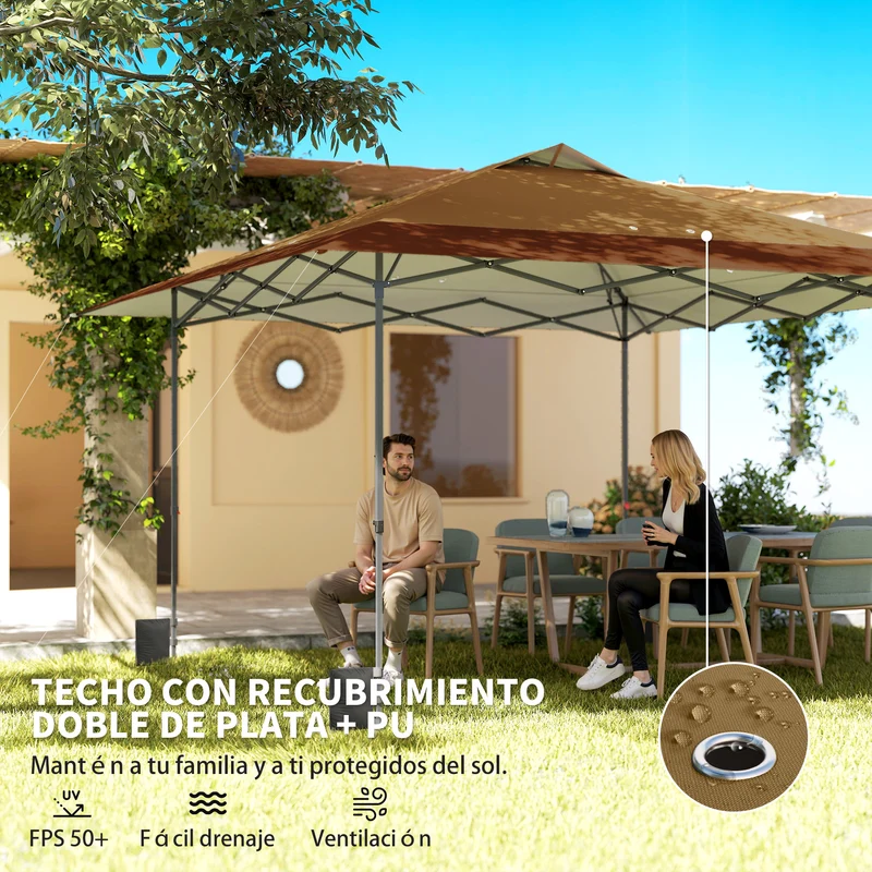 Outsunny Carpa Plegable Pop-up Gazebo 4x4 m, Cenador Plegable con Bloqueo Central, UPF50+, Altura Ajustable, 4 Bolsas de Arena y Bolsa de Transporte con Ruedas, para Camping, Fiestas, Beige y Café