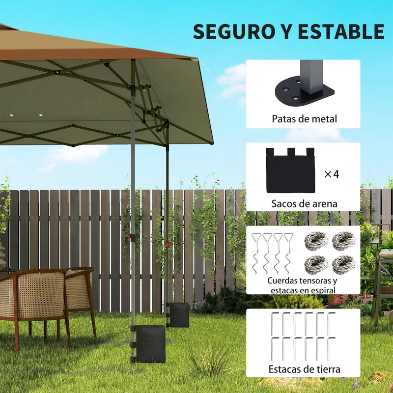 Outsunny Carpa Plegable Pop-up Gazebo 4x4 m, Cenador Plegable con Bloqueo Central, UPF50+, Altura Ajustable, 4 Bolsas de Arena y Bolsa de Transporte con Ruedas, para Camping, Fiestas, Beige y Café