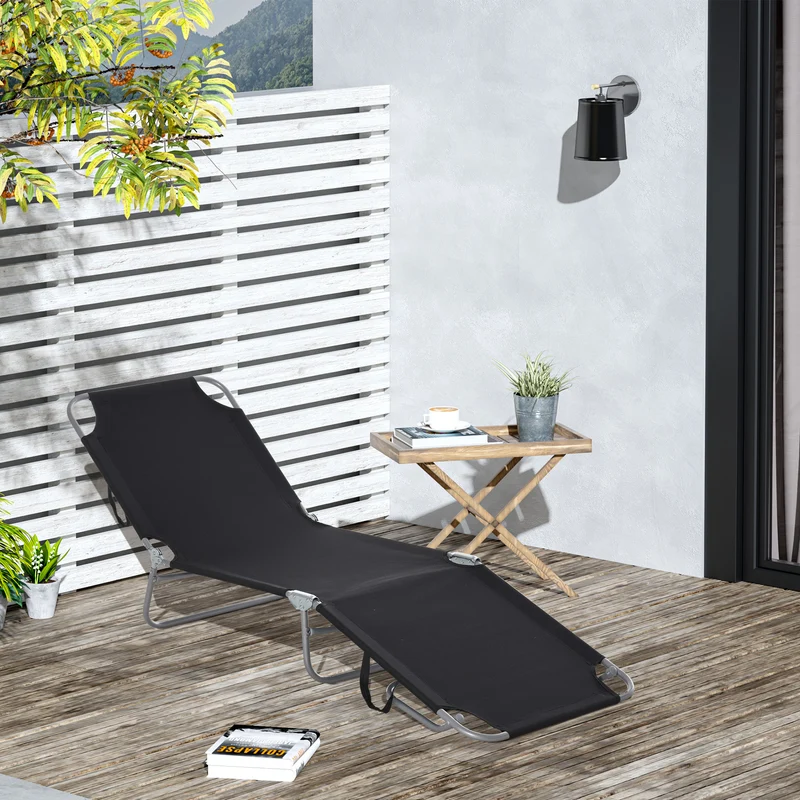 Outsunny Tumbona Plegable Tumbona Jardín Exterior con Respaldo Ajustable en 5 Posiciones y Estructura Metálica Carga 120 kg para Terraza Piscina Playa 187x55x24 cm Negro