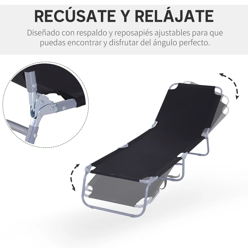 Outsunny Tumbona Plegable Tumbona Jardín Exterior con Respaldo Ajustable en 5 Posiciones y Estructura Metálica Carga 120 kg para Terraza Piscina Playa 187x55x24 cm Negro