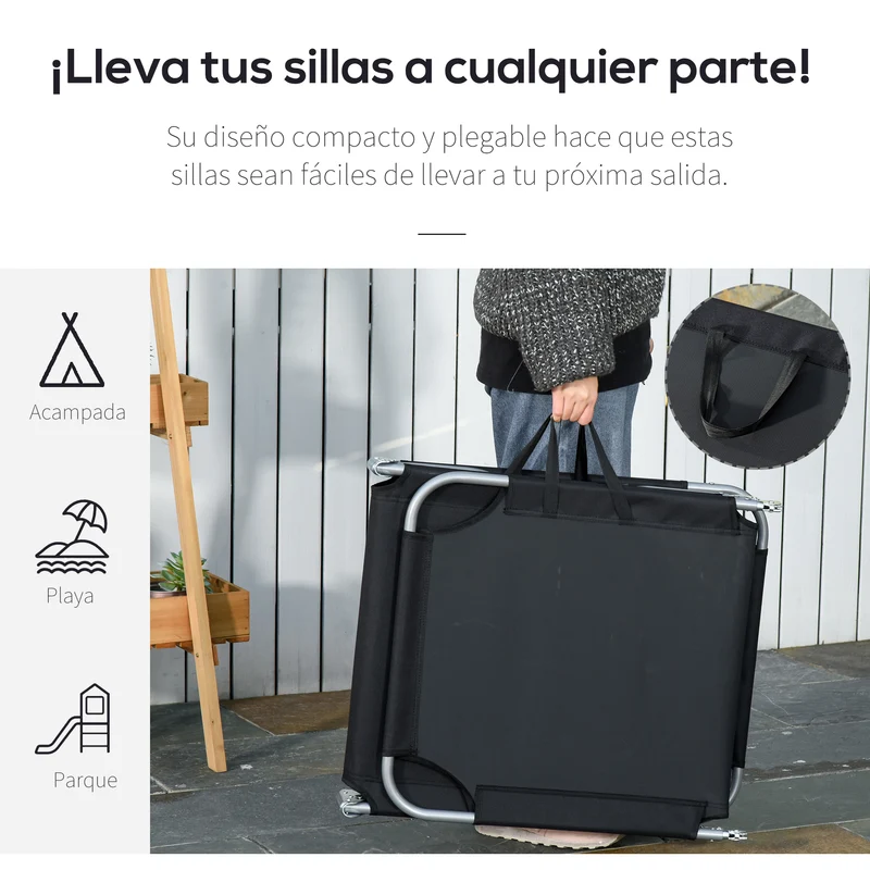 Outsunny Tumbona Plegable Tumbona Jardín Exterior con Respaldo Ajustable en 5 Posiciones y Estructura Metálica Carga 120 kg para Terraza Piscina Playa 187x55x24 cm Negro